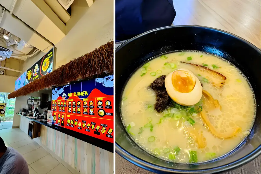 Mr Ramen Singapore stall interior with digital menu board and tonkotsu ramen with ajitsuke egg