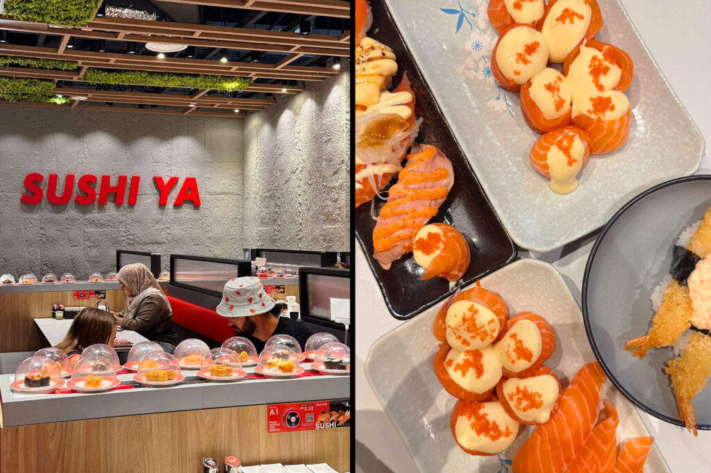 Sushi YA Ramen interior with conveyor sushi and fresh salmon sushi dishes in a casual Japanese restaurant setting