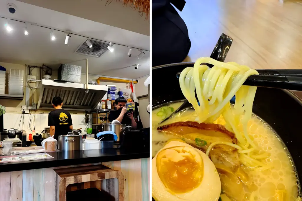 ramen chef preparing noodles in small Singapore kitchen with close-up of thick ramen noodles and egg