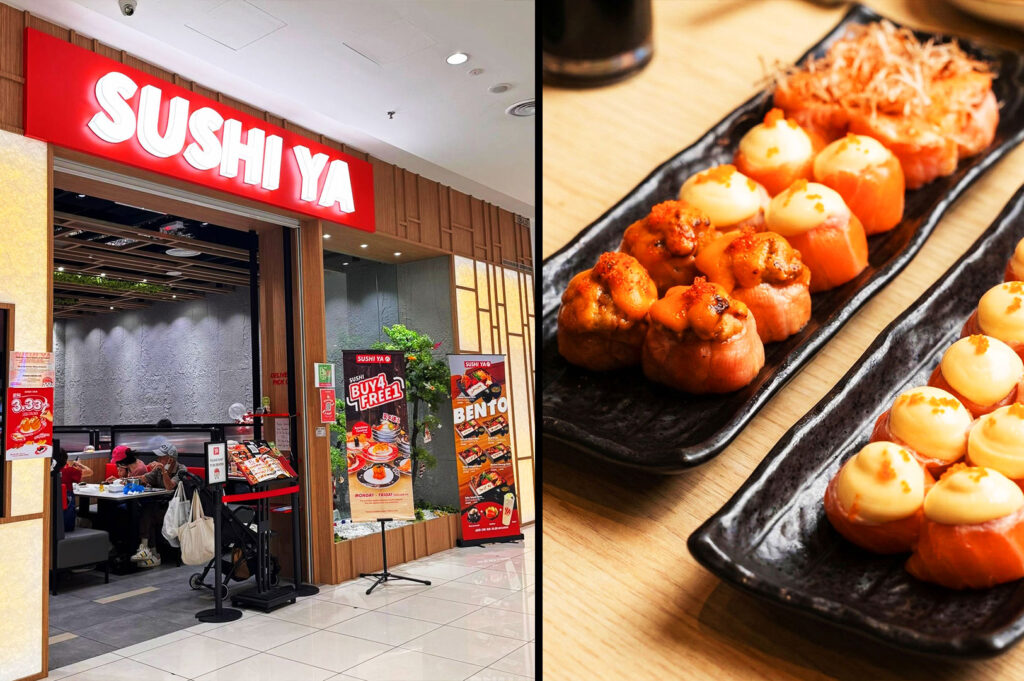 Sushi YA Ramen storefront with salmon sushi rolls topped with creamy sauce