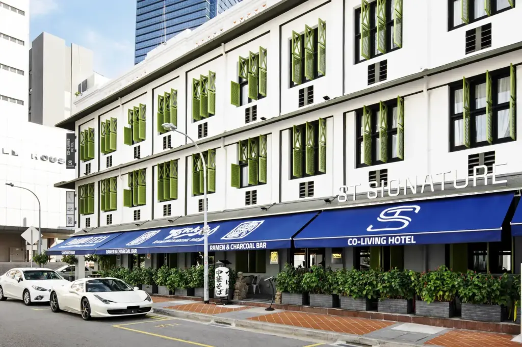 Torasho Ramen & Charcoal Bar exterior in Singapore with blue awning and street view