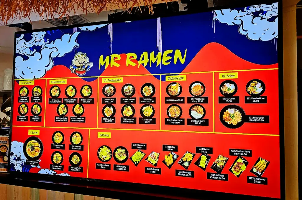 Mr Ramen Singapore digital menu board displaying ramen, donburi, and Japanese side dishes