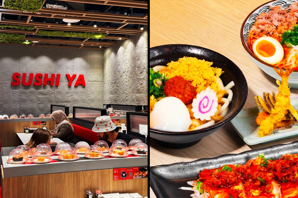 Sushi YA Ramen interior with ramen bowl, tempura, and Japanese side dishes on table