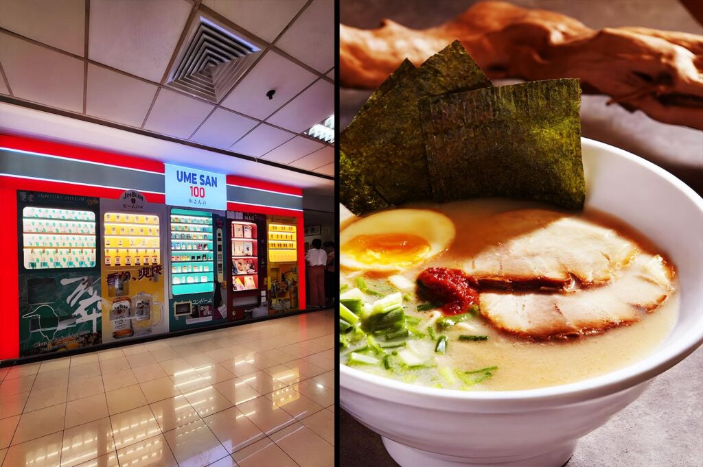 UME SAN 100 Singapore vending machine restaurant concept with Japanese food dispensers and tonkotsu ramen close-up