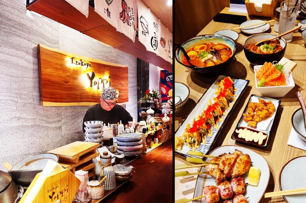 Izakaya Yoppi Singapore counter dining with chef preparing dishes and assorted Japanese skewers, sushi, and ramen spread