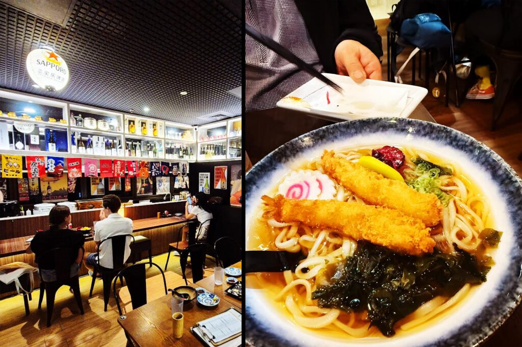 Izakaya Hikari Singapore interior dining scene with Japanese decor and tempura udon bowl topped with crispy shrimp
