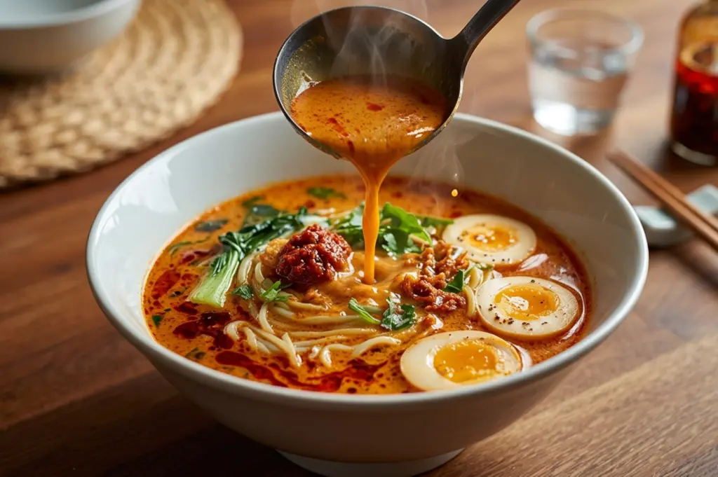 Broth pouring into Malaysian ramen bowl