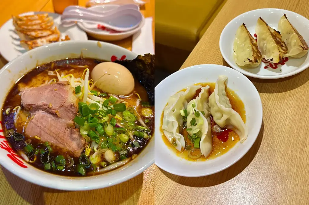 Ramen bowl with chashu pork and soft-boiled egg, gyoza, and grilled dumplings.