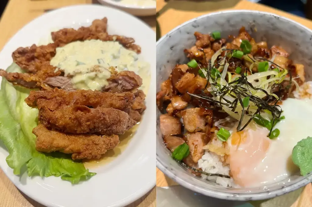 Fried pork cutlet with tartar sauce and chashu rice bowl with soft-boiled egg.