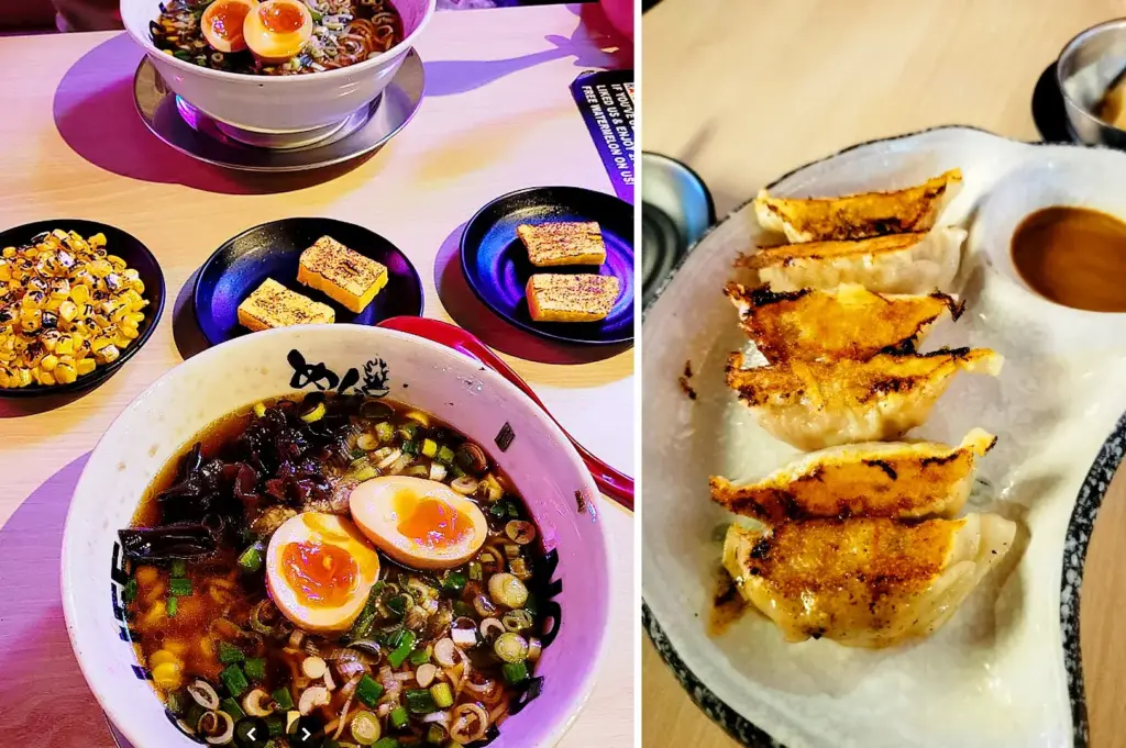 Japanese ramen bowl with soft-boiled egg and side dishes including grilled corn and gyoza dumplings in a Singapore izakaya dining setting