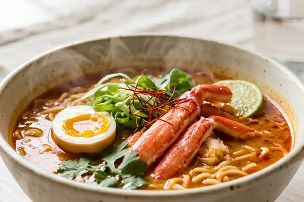 A bowl of steaming ramen with crab legs, a soft-boiled egg, scallions, lime, and cilantro.