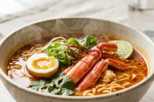 A bowl of steaming ramen with crab legs, a soft-boiled egg, scallions, lime, and cilantro.