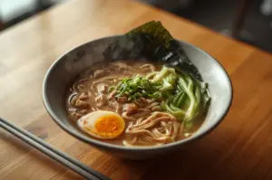 A steaming bowl of ramen featuring a soft-boiled egg, greens, and scallions in a light broth, set on a wooden table with chopsticks