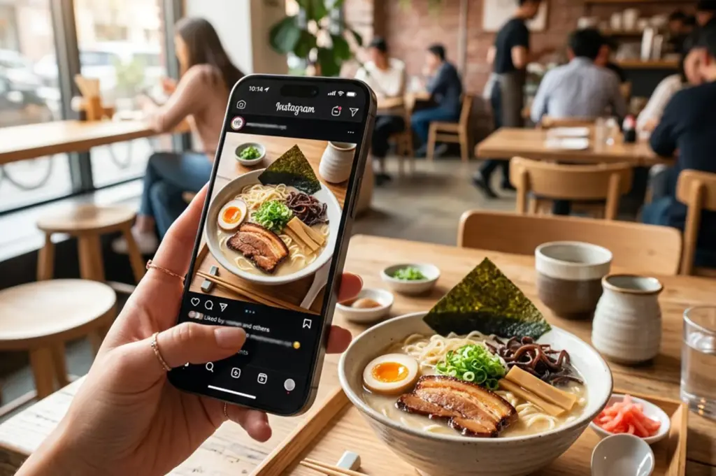 A phone scrolling into Instagram posting a picture of a ramen