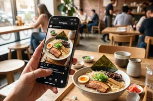 A phone scrolling into Instagram posting a picture of a ramen
