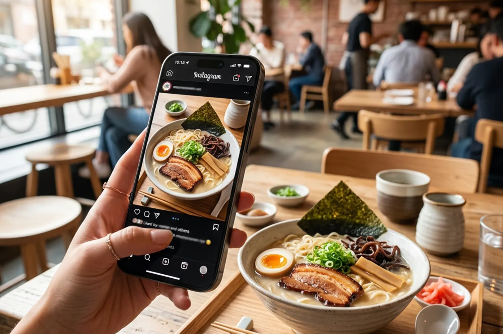 A phone scrolling into Instagram posting a picture of a ramen