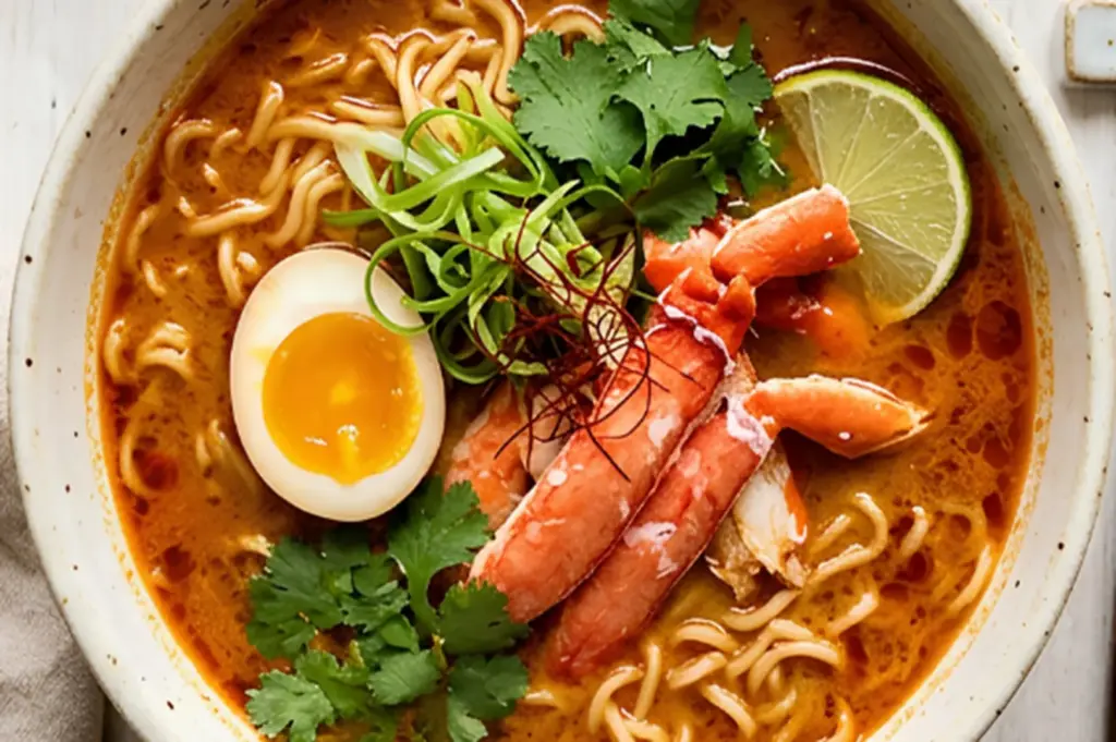 A bowl of ramen with crab legs, a soft-boiled egg, noodles, and garnishes of cilantro, lime, and green onions.