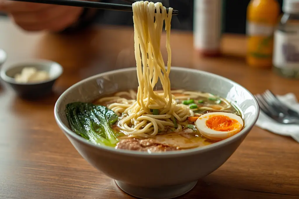 Chopsticks lifting ramen noodles