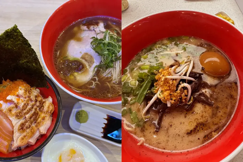 A bowl of ramen and a salmon rice bowl.