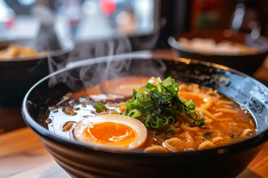 Steaming ramen bowl with ajitama and toppings