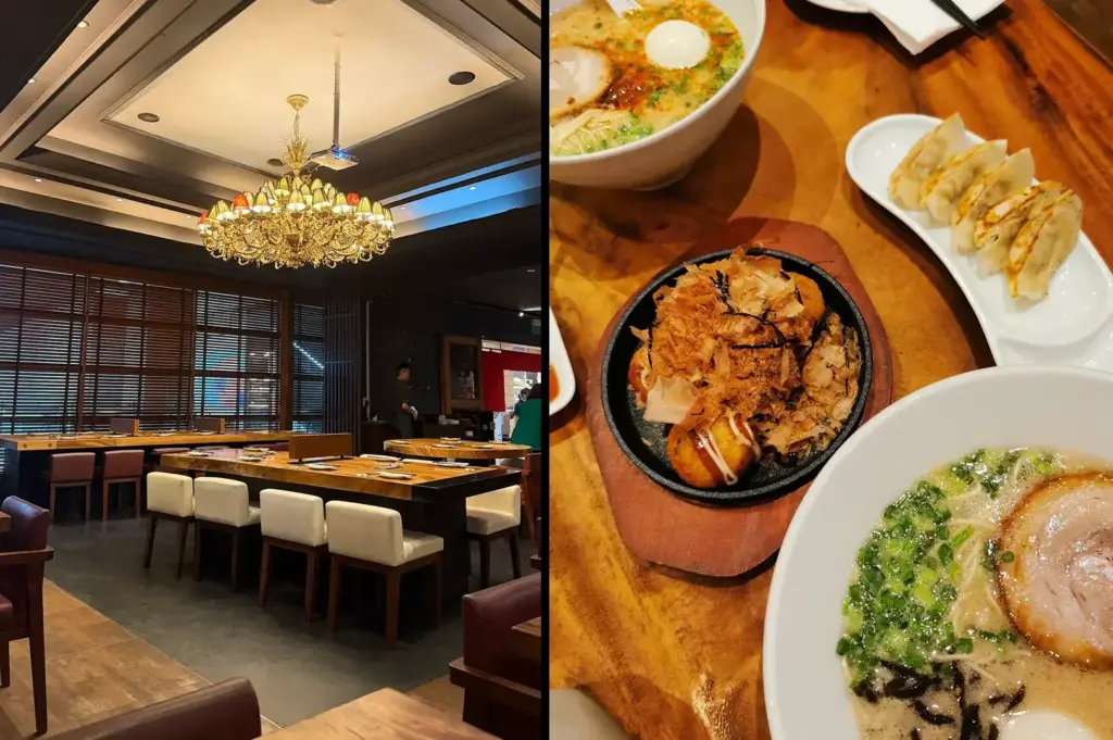 Elegant Japanese restaurant dining area alongside ramen, takoyaki, and gyoza served on a wooden table