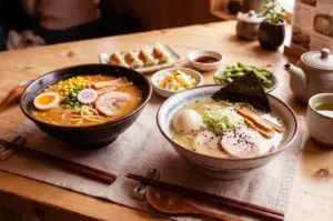 Two ramen bowls, one miso and one shio, arranged on a wooden table with side dishes, chopsticks, and a warm restaurant atmosphere.