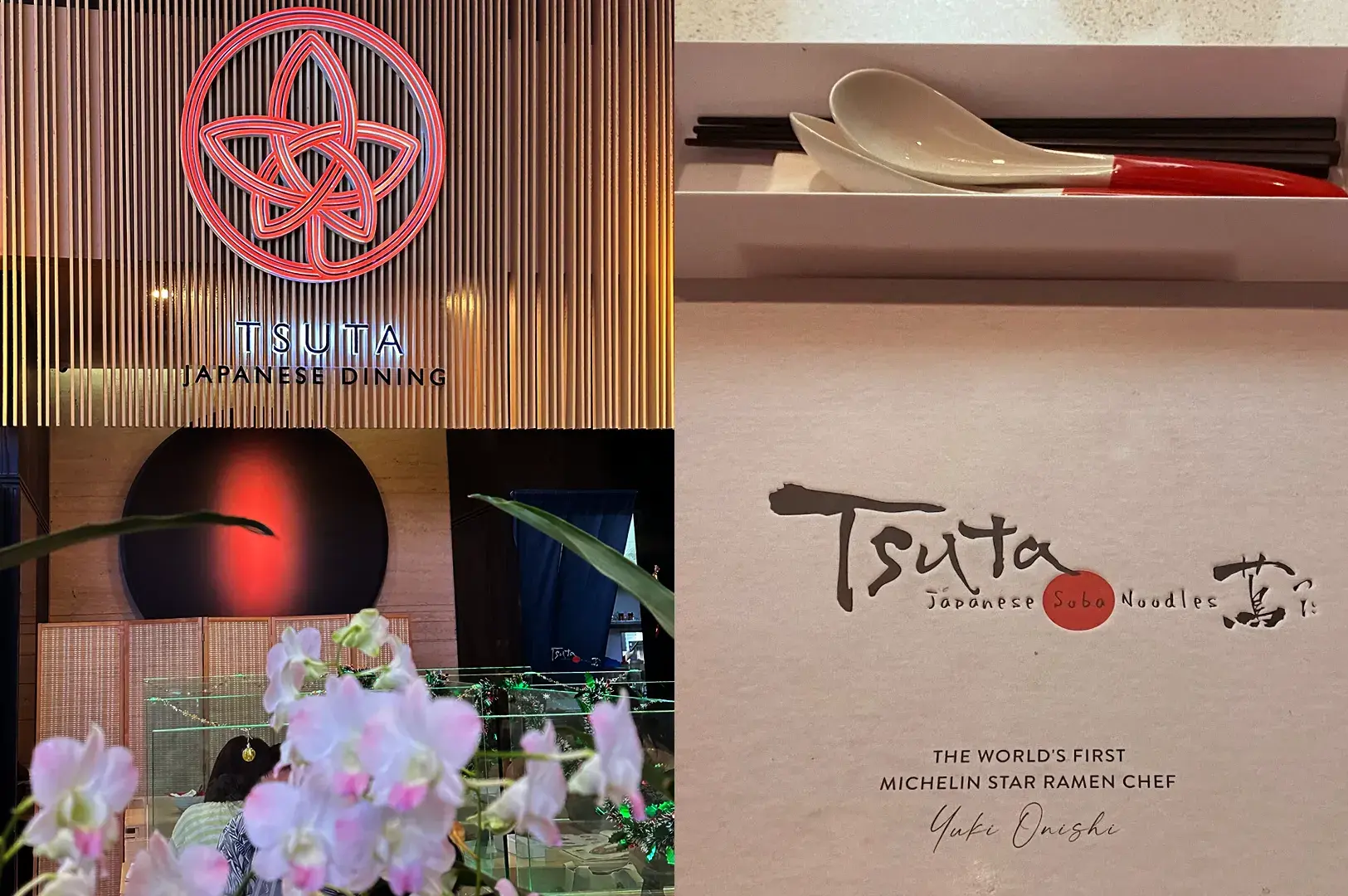 Collage showing the Tsuta Japanese Dining logo, a set of chopsticks and spoons, and a menu cover featuring the restaurant's name and chef's signature.