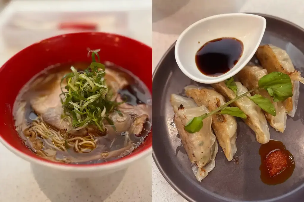 A bowl of ramen with sliced pork and green onions, served alongside a plate of pan-fried gyoza with a side of dipping sauce.