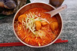 A close-up of a bowl of laksa, a spicy noodle soup, garnished with bean sprouts, fried tofu, and fish cakes. A spoon rests in the bowl, and red chopsticks lie beside it.