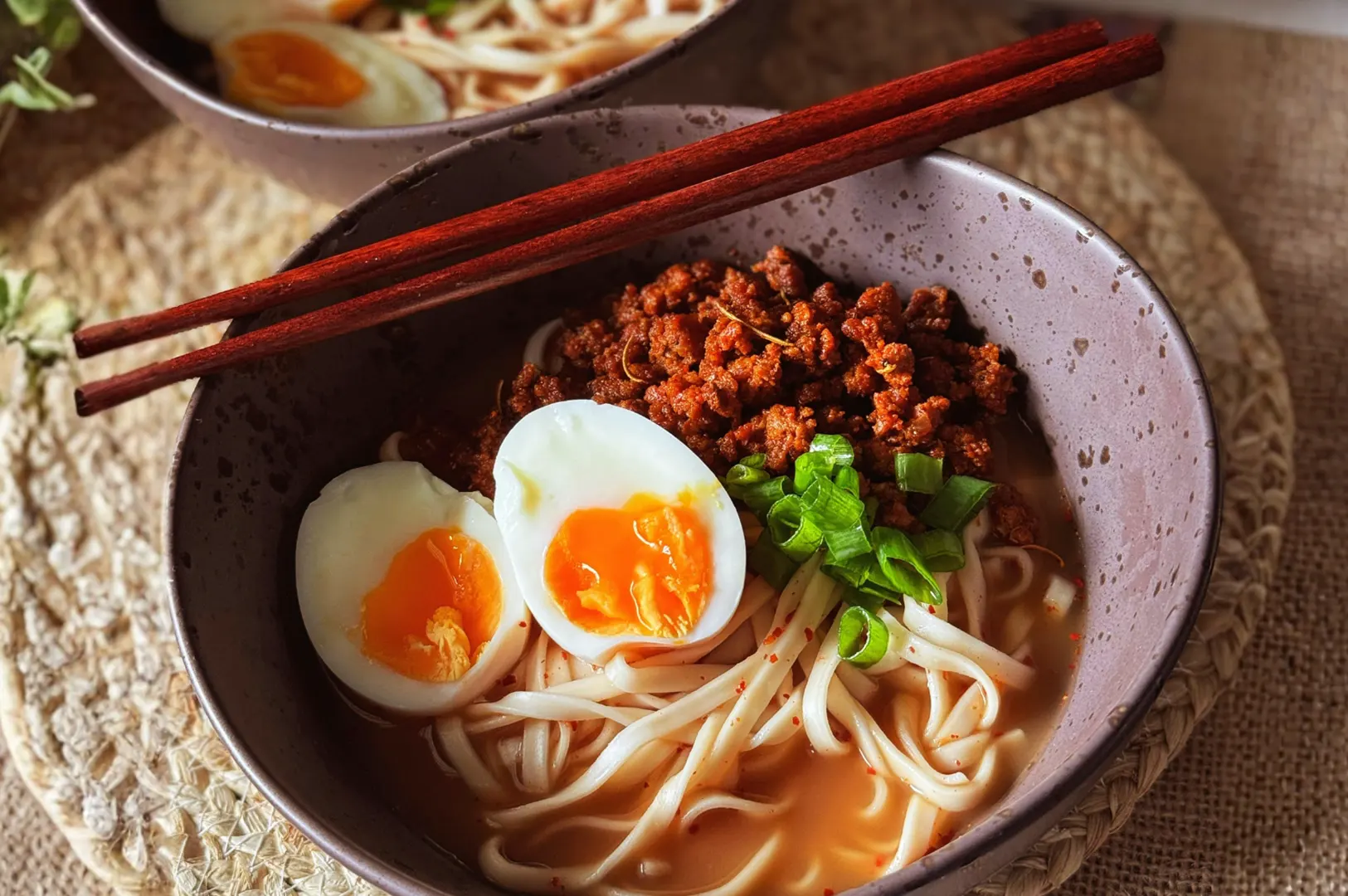 Two bowls of ramen noodles topped with ground meat, sliced boiled eggs, and chopped green onions. Chopsticks rest on the bowl in the foreground.