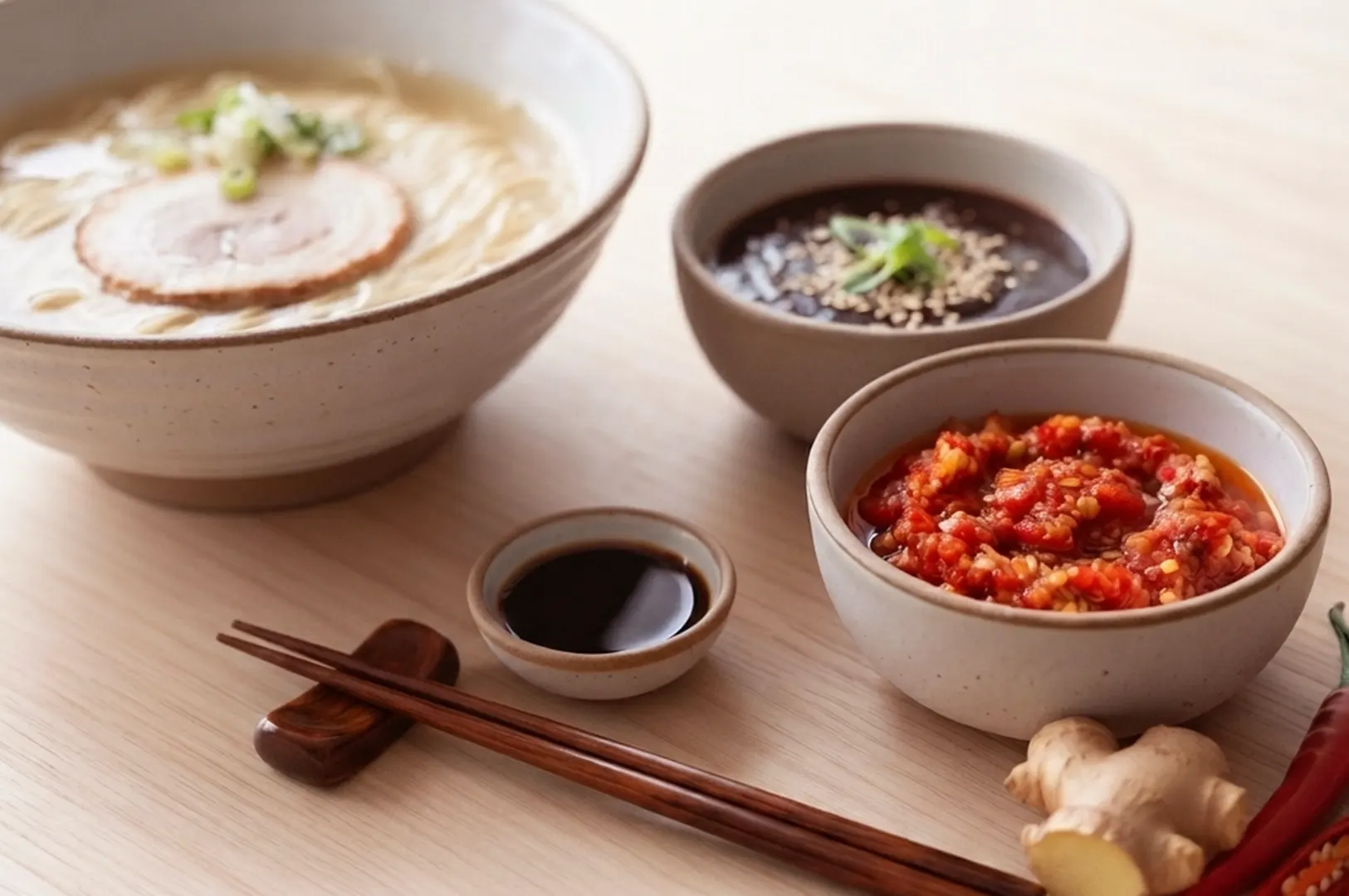 Ramen bowl with three sauce bowls containing tare, soy sauce, and sambal chili paste, with chopsticks and ginger on wooden table.