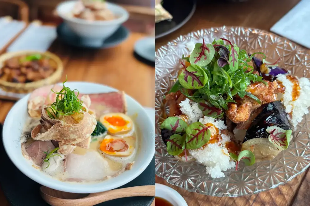 Ramen bowl with chashu and egg beside rice bowl with fried topping