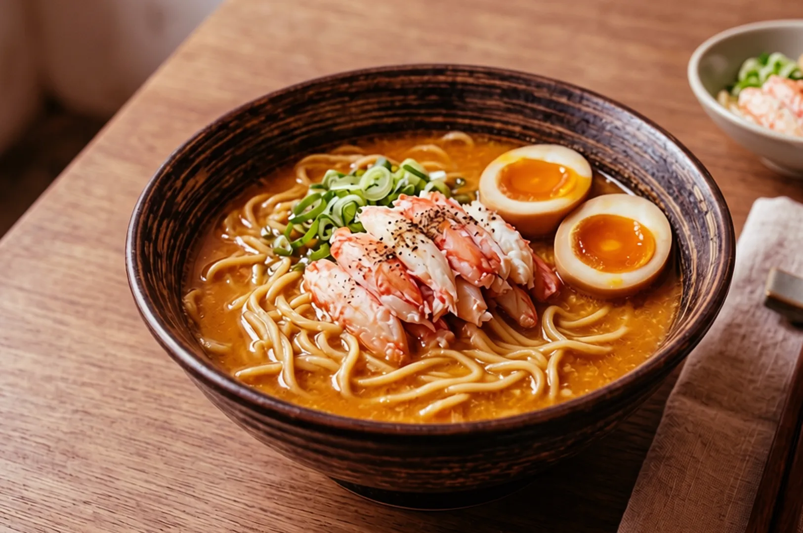 Chili crab ramen in a brown bowl on a wooden table, topped with crab, scallions, and soft-boiled eggs.