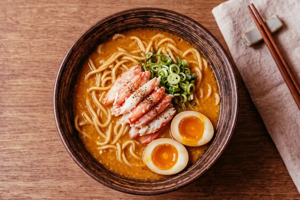 Chili crab ramen served in a bowl on a wooden table, with chopsticks on a cloth napkin beside it.