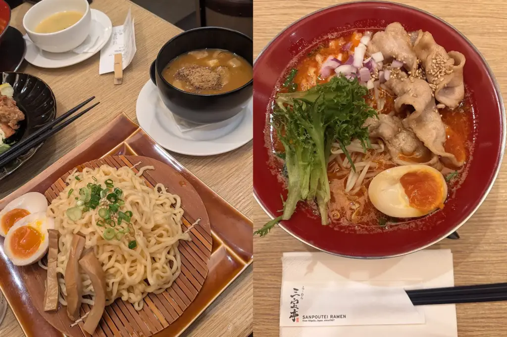 Sanpoutei Ramen dishes with noodles, ramen broth, and a red bowl topped with pork, greens, and egg.