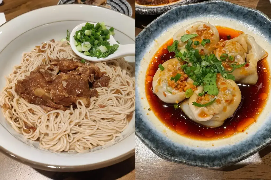 Two dishes, a noodles topped with sliced meat and spring onions, and dumplings in a dark sauce garnished with herbs.
