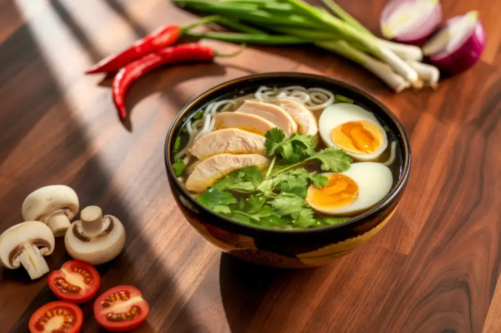 Bowl of cooked ramen topped with chicken, eggs, and herbs, surrounded by vegetables on a wooden table.