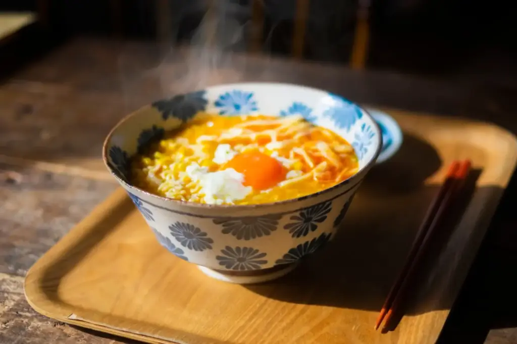 Steaming ramen bowl with egg on a wooden tray beside a pair of chopsticks