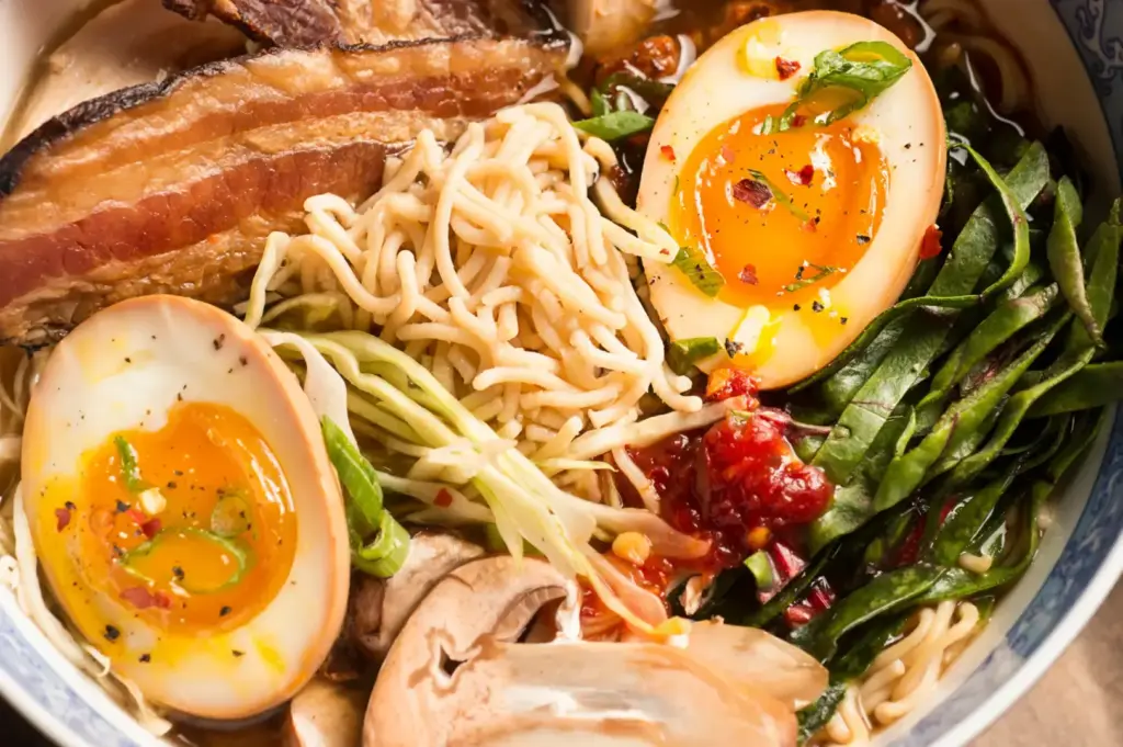Bowl of ramen with soft-boiled eggs, sliced pork and mushrooms, bean sprouts, spinach, seaweed, and crispy toast-like bread on a wooden table with blue napkin and chopsticks.