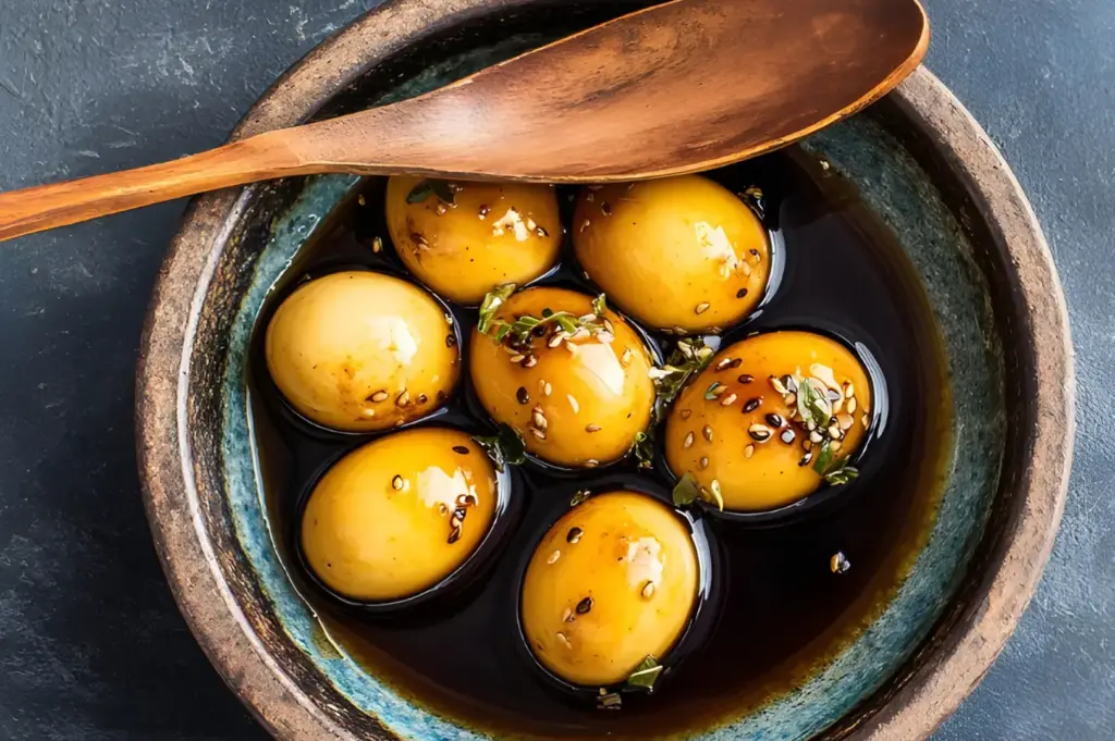 Clay bowl filled with black oil and small eggs, sprinkled with herbs and pepper; wooden spoon resting across the rim on a dark textured background.