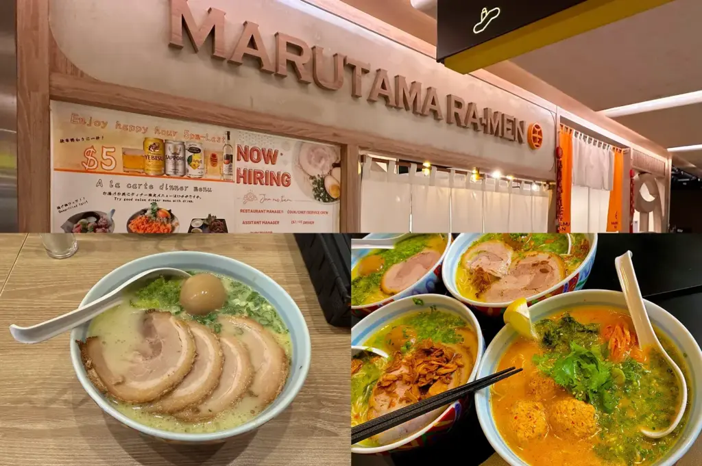 Marutama Ramen storefront and dishes including ramen bowls with chashu, gyoza, karaage, and beer on wooden table.