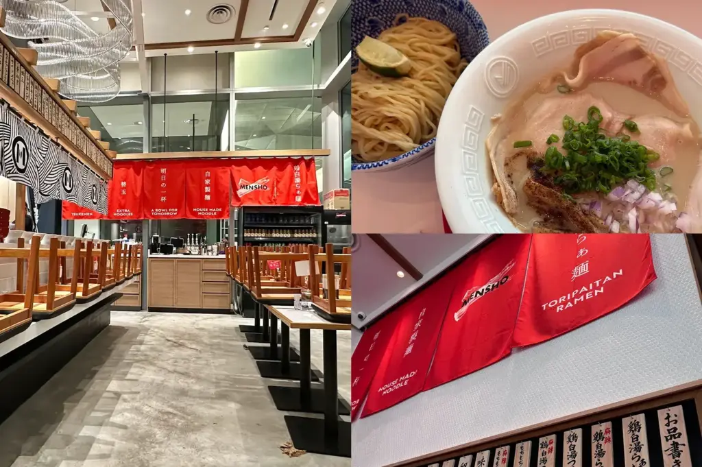 MENSHO X interior with modern counter, black-and-white wave pattern, red bowls on display, and mazesoba bowl with nori and toppings.