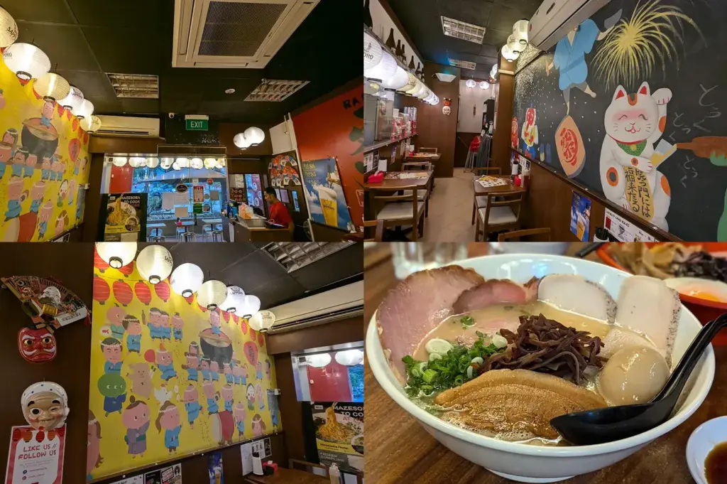 Ramen Matsuri storefront with red lanterns and signage, plus two ramen bowls with chashu, egg, and mazesoba with onsen egg.