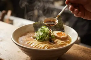 A close-up, warm-toned photograph of a bowl of ramen on a rustic wooden counter. A hand holds a white spoon, drizzling a dark spoonful of aroma oil or tare onto a central mound of finely chopped green scallions.