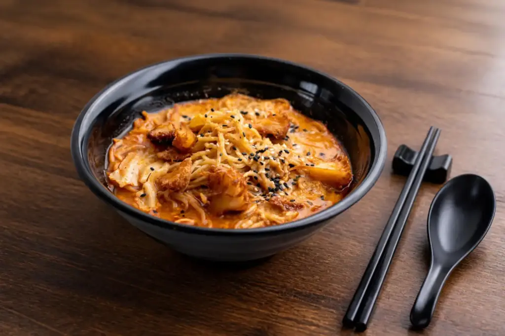 A bowl of noodles topped with sliced meat and sauce, placed on a restaurant table beside neatly arranged dining utensils.
