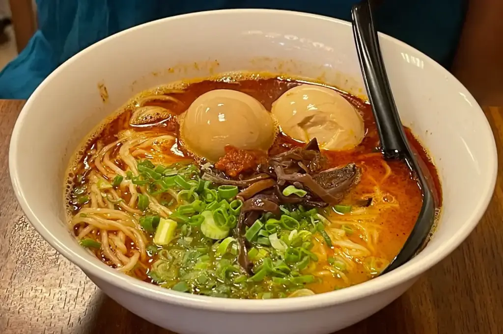 Bowl of spicy ramen topped with soft-boiled eggs, bamboo shoots, mushrooms, scallions, and seaweed.