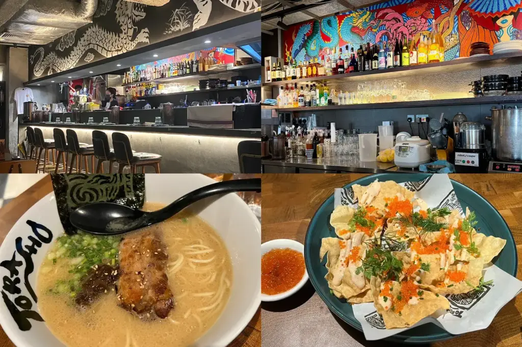 Torasho collage showing the bar interior, a bowl of ramen, and a crispy dish with dipping sauce.