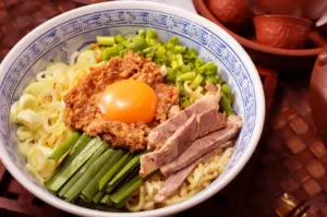 Bowl of noodles with sliced pork, green onion and celery, topped with a soft-cooked egg and a meat mixture, surrounded by copper cups and pots on a woven tray.