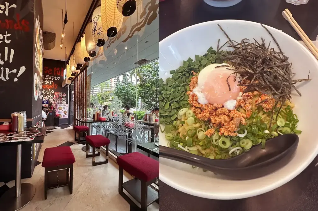 Kajiken collage showing the restaurant interior and a bowl of noodles topped with minced meat, egg, scallions, and shredded seaweed.