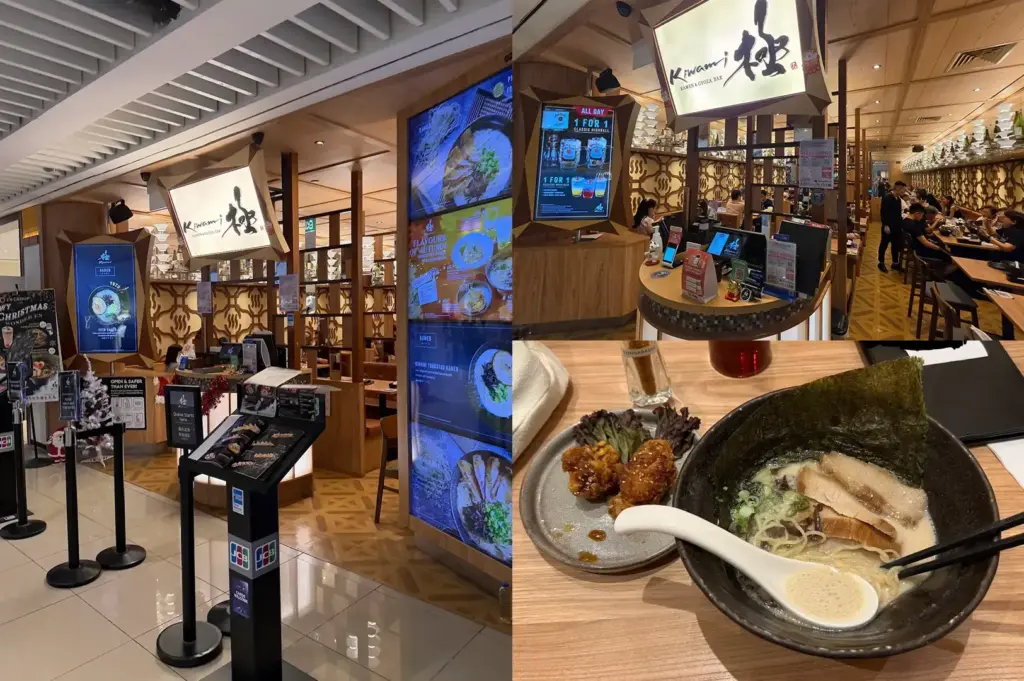 Kiwami Ramen & Gyoza Bar entrance beside a ramen bowl, side dishes, and restaurant seating.